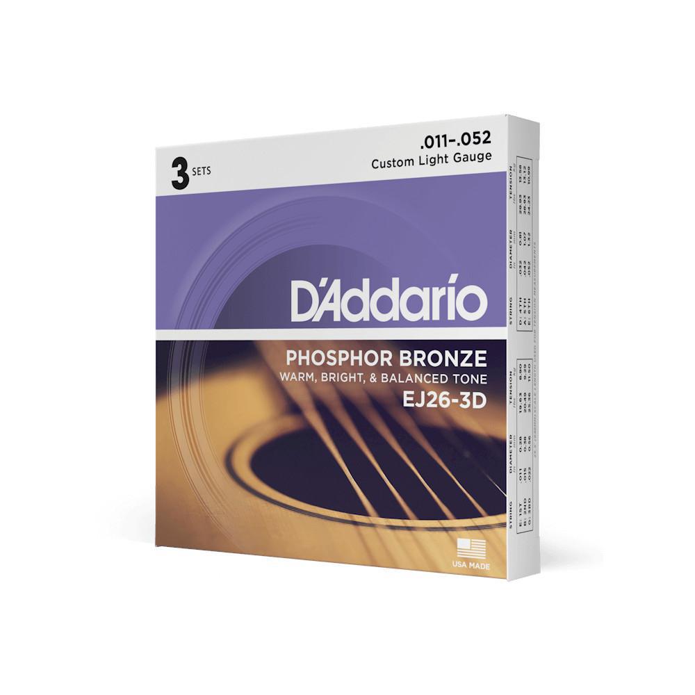 D'Addario 3 Sets, Phosphor Bronze Acoustic Guitar, Custom Light 11-52 - Nextorastore